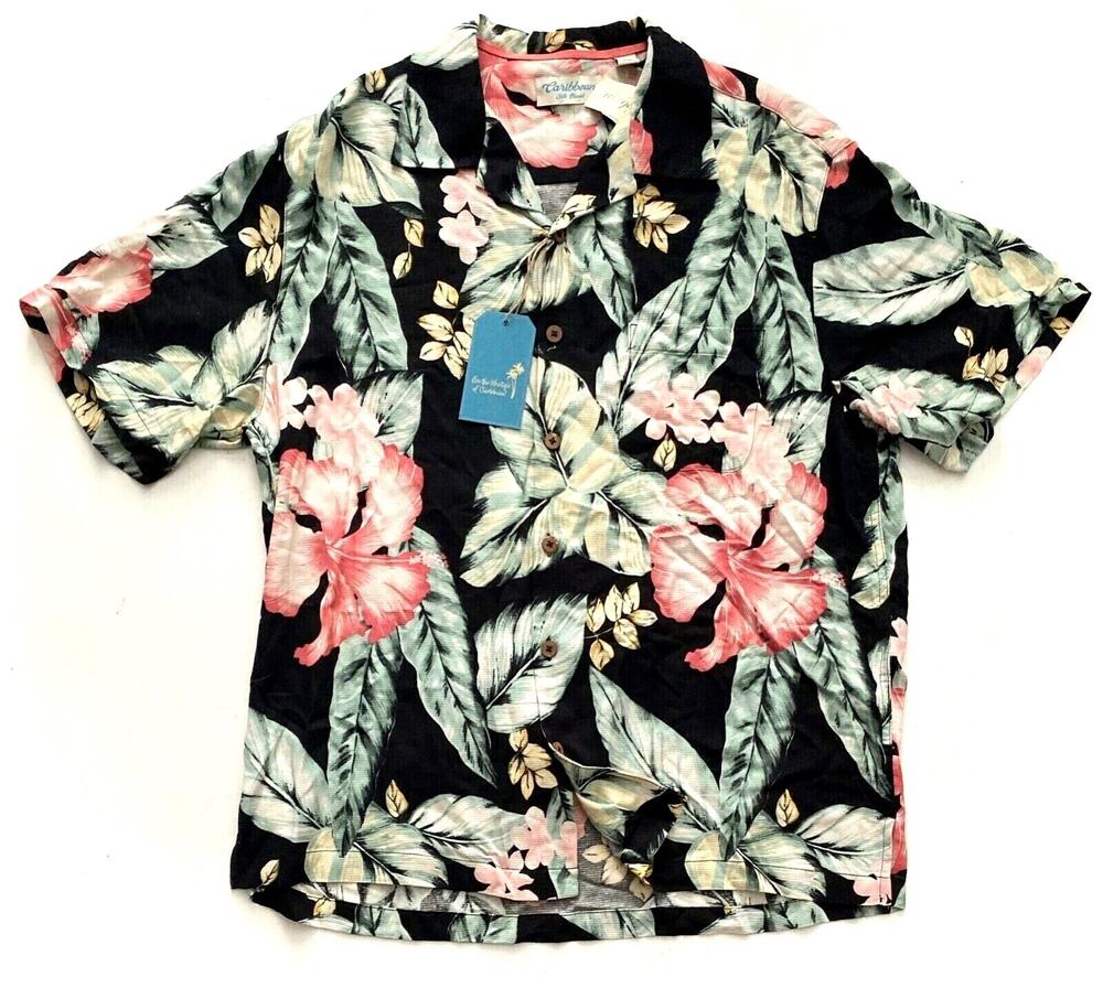 Caribbean Roundtree & York Nwt Black Floral Tropical Silk Camp Shirt Large L